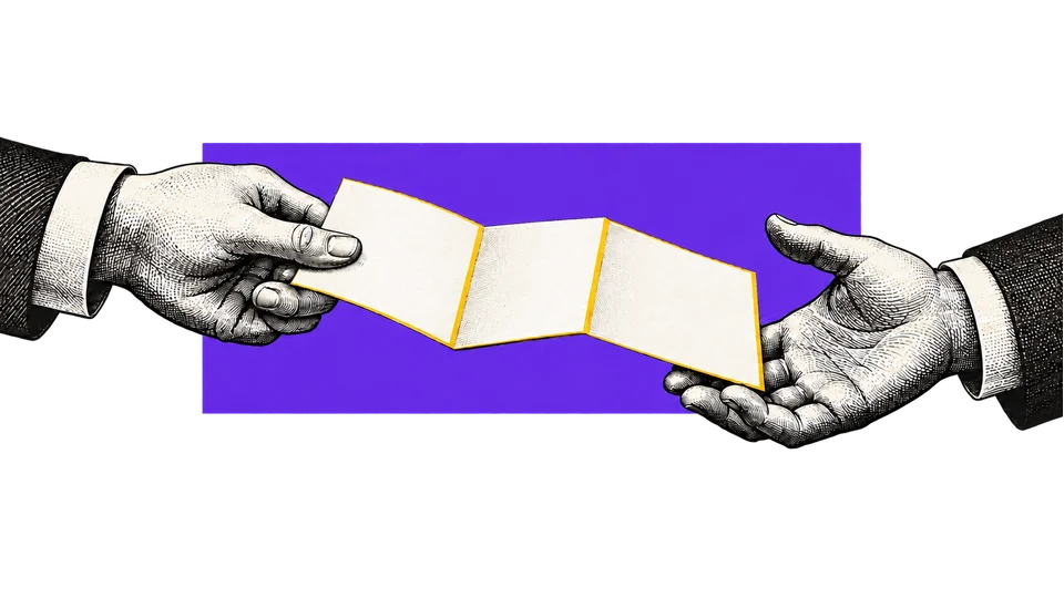 Two engraved hands pass a continuous folded paper path between them.